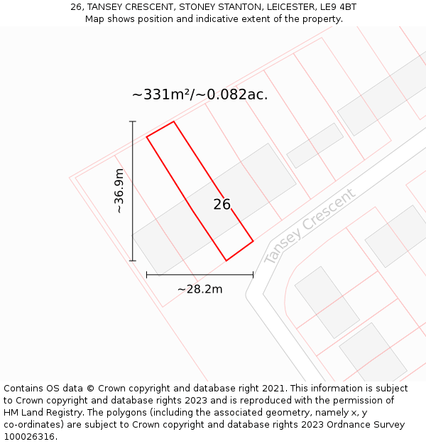 26, TANSEY CRESCENT, STONEY STANTON, LEICESTER, LE9 4BT: Plot and title map