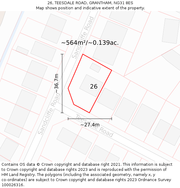 26, TEESDALE ROAD, GRANTHAM, NG31 8ES: Plot and title map