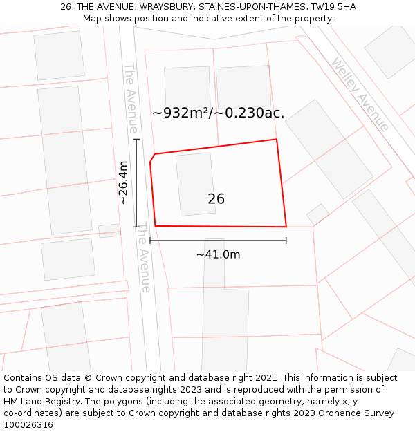 26, THE AVENUE, WRAYSBURY, STAINES-UPON-THAMES, TW19 5HA: Plot and title map