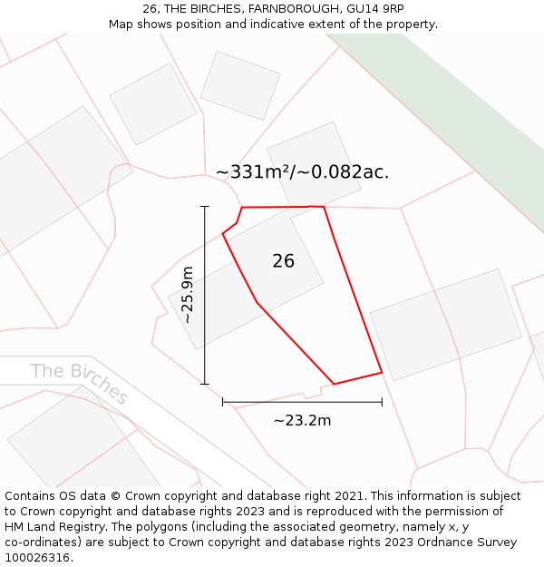 26, THE BIRCHES, FARNBOROUGH, GU14 9RP: Plot and title map