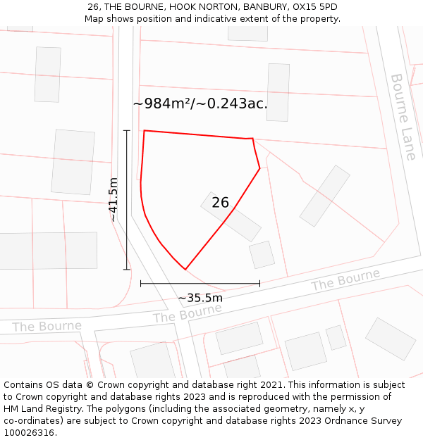 26, THE BOURNE, HOOK NORTON, BANBURY, OX15 5PD: Plot and title map