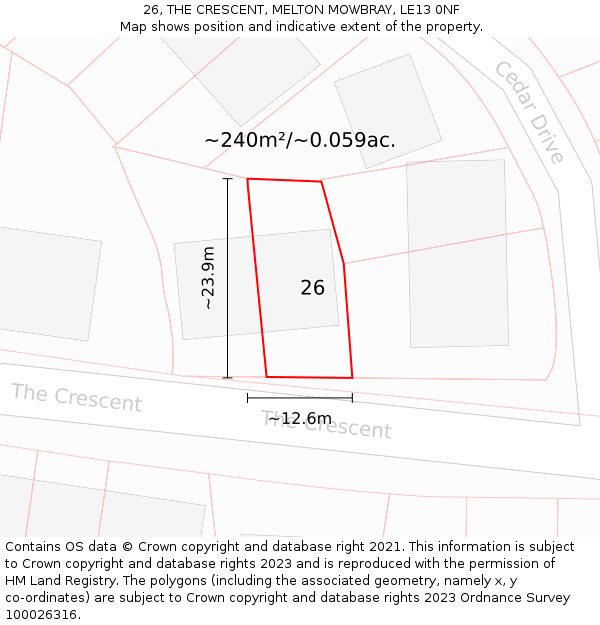 26, THE CRESCENT, MELTON MOWBRAY, LE13 0NF: Plot and title map