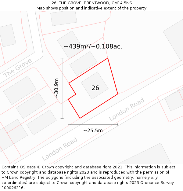 26, THE GROVE, BRENTWOOD, CM14 5NS: Plot and title map
