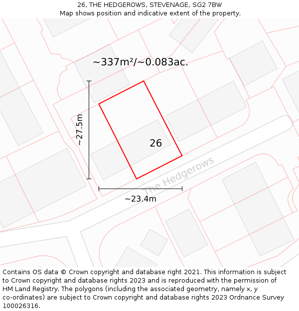 26, THE HEDGEROWS, STEVENAGE, SG2 7BW: Plot and title map