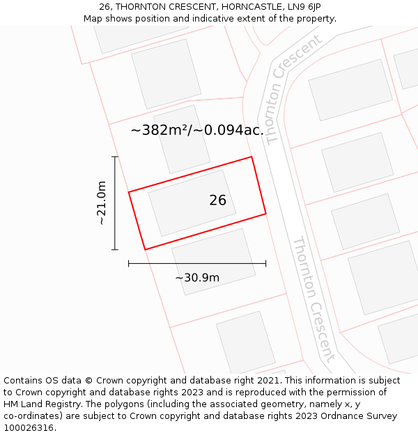 26, THORNTON CRESCENT, HORNCASTLE, LN9 6JP: Plot and title map