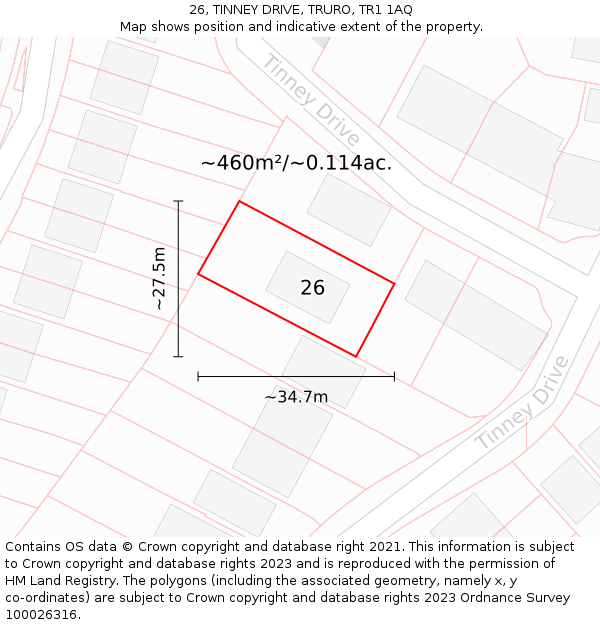 26, TINNEY DRIVE, TRURO, TR1 1AQ: Plot and title map