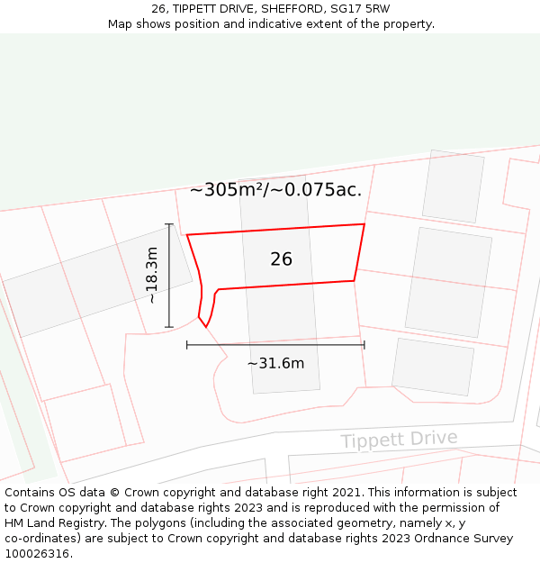 26, TIPPETT DRIVE, SHEFFORD, SG17 5RW: Plot and title map