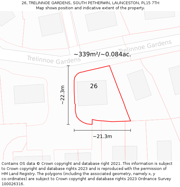 26, TRELINNOE GARDENS, SOUTH PETHERWIN, LAUNCESTON, PL15 7TH: Plot and title map