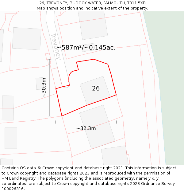 26, TREVONEY, BUDOCK WATER, FALMOUTH, TR11 5XB: Plot and title map
