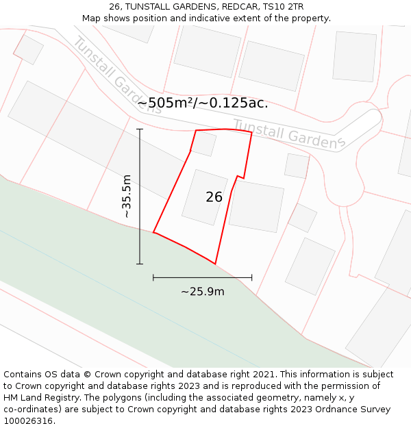 26, TUNSTALL GARDENS, REDCAR, TS10 2TR: Plot and title map