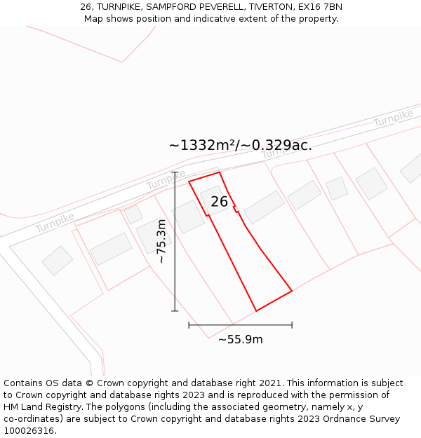 26, TURNPIKE, SAMPFORD PEVERELL, TIVERTON, EX16 7BN: Plot and title map