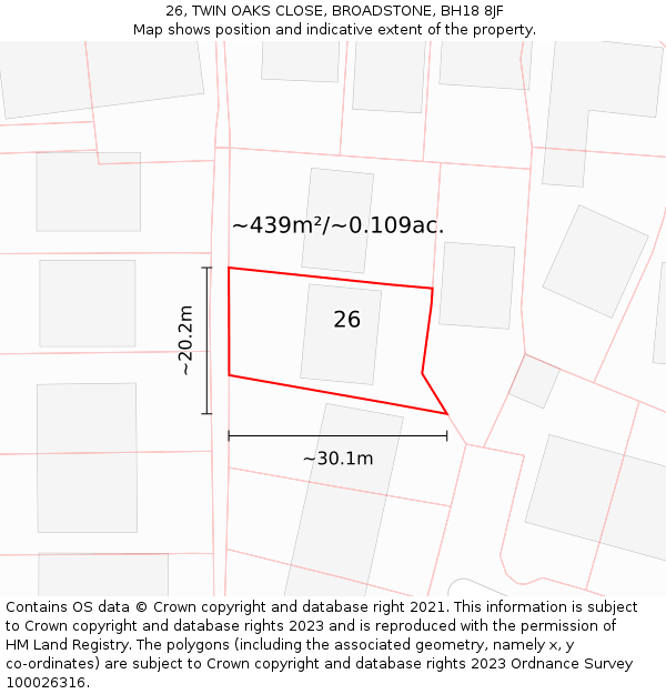 26, TWIN OAKS CLOSE, BROADSTONE, BH18 8JF: Plot and title map