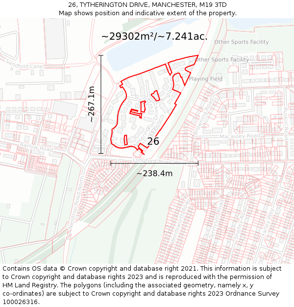 26, TYTHERINGTON DRIVE, MANCHESTER, M19 3TD: Plot and title map