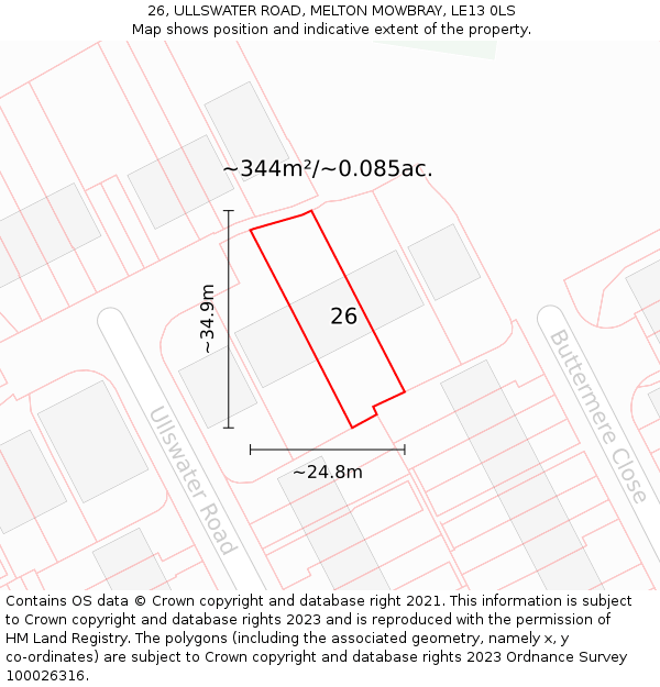 26, ULLSWATER ROAD, MELTON MOWBRAY, LE13 0LS: Plot and title map