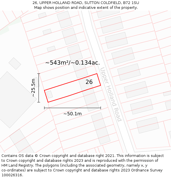 26, UPPER HOLLAND ROAD, SUTTON COLDFIELD, B72 1SU: Plot and title map