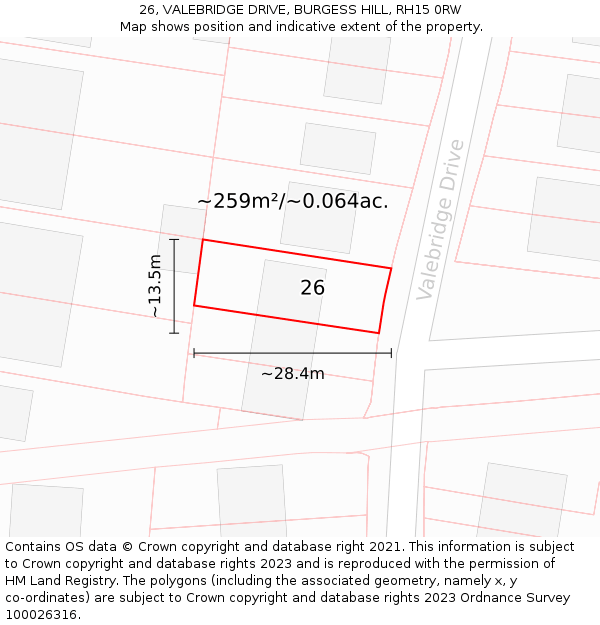26, VALEBRIDGE DRIVE, BURGESS HILL, RH15 0RW: Plot and title map