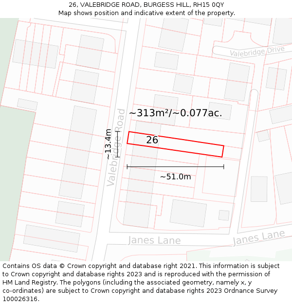 26, VALEBRIDGE ROAD, BURGESS HILL, RH15 0QY: Plot and title map