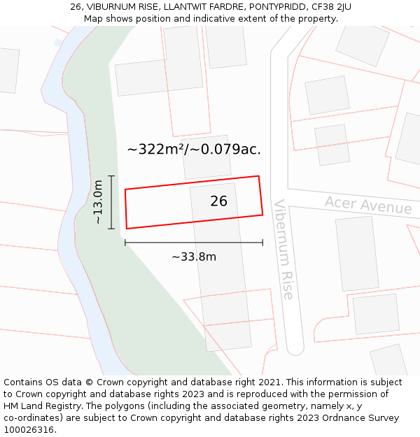 26, VIBURNUM RISE, LLANTWIT FARDRE, PONTYPRIDD, CF38 2JU: Plot and title map
