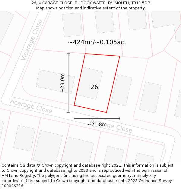 26, VICARAGE CLOSE, BUDOCK WATER, FALMOUTH, TR11 5DB: Plot and title map