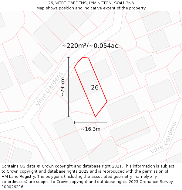 26, VITRE GARDENS, LYMINGTON, SO41 3NA: Plot and title map