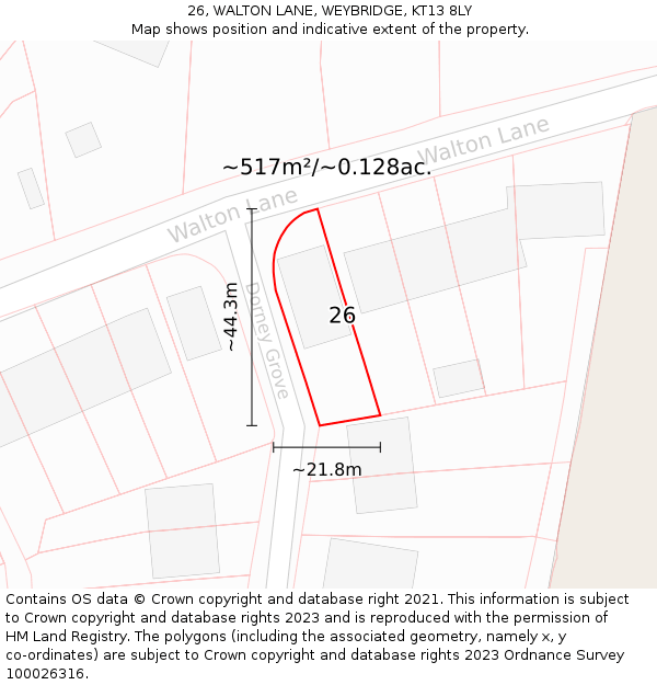 26, WALTON LANE, WEYBRIDGE, KT13 8LY: Plot and title map