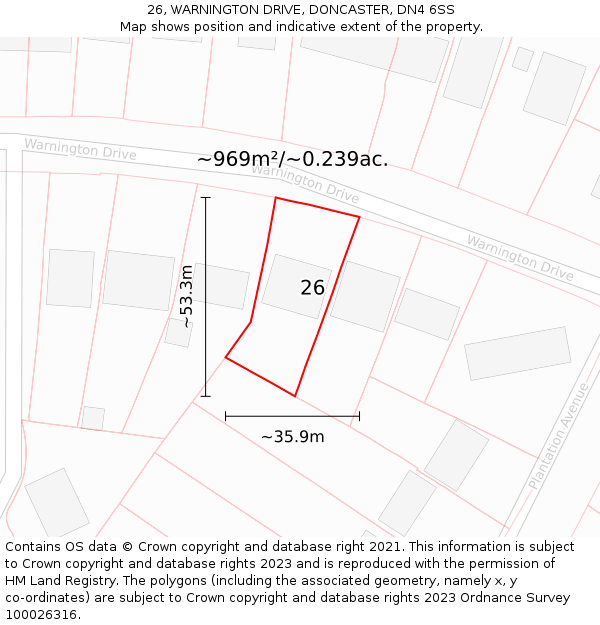 26, WARNINGTON DRIVE, DONCASTER, DN4 6SS: Plot and title map