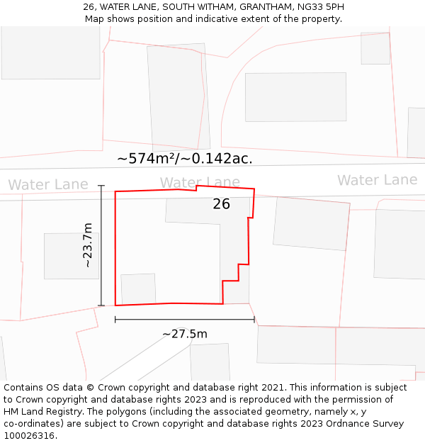 26, WATER LANE, SOUTH WITHAM, GRANTHAM, NG33 5PH: Plot and title map