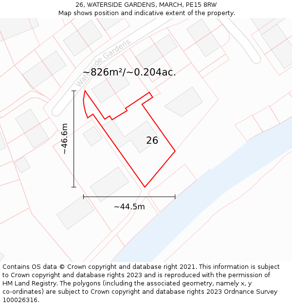 26, WATERSIDE GARDENS, MARCH, PE15 8RW: Plot and title map