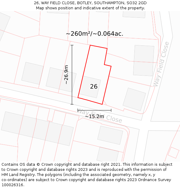 26, WAY FIELD CLOSE, BOTLEY, SOUTHAMPTON, SO32 2GD: Plot and title map