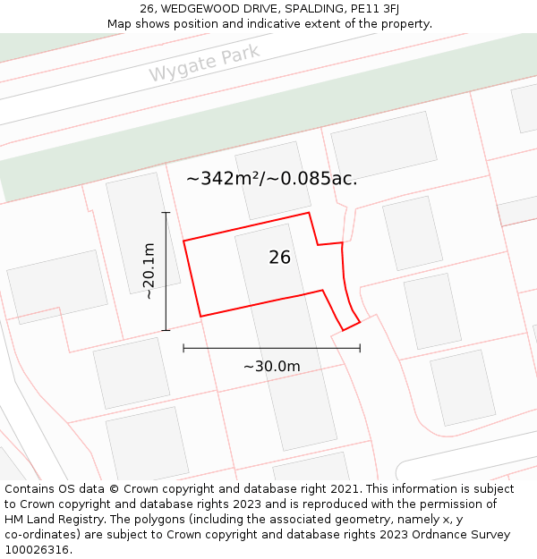 26, WEDGEWOOD DRIVE, SPALDING, PE11 3FJ: Plot and title map