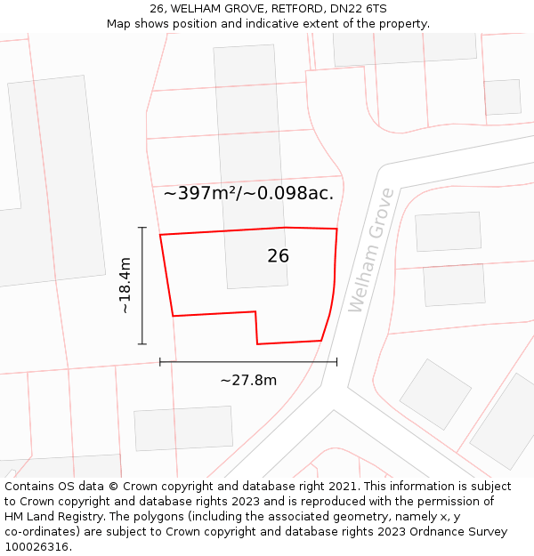 26, WELHAM GROVE, RETFORD, DN22 6TS: Plot and title map