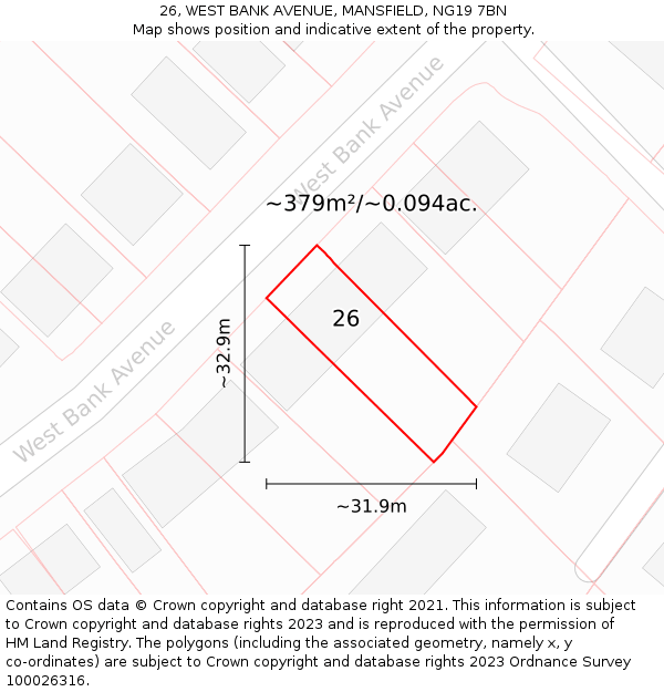 26, WEST BANK AVENUE, MANSFIELD, NG19 7BN: Plot and title map