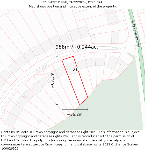 26, WEST DRIVE, TADWORTH, KT20 5PA: Plot and title map