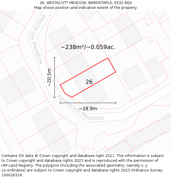 26, WESTACOTT MEADOW, BARNSTAPLE, EX32 8QX: Plot and title map