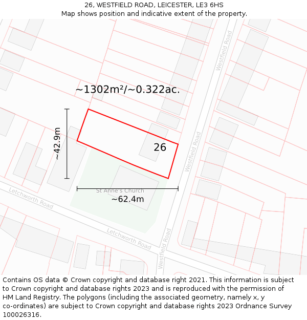 26, WESTFIELD ROAD, LEICESTER, LE3 6HS: Plot and title map