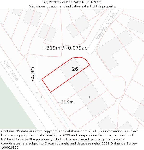 26, WESTRY CLOSE, WIRRAL, CH46 6JT: Plot and title map