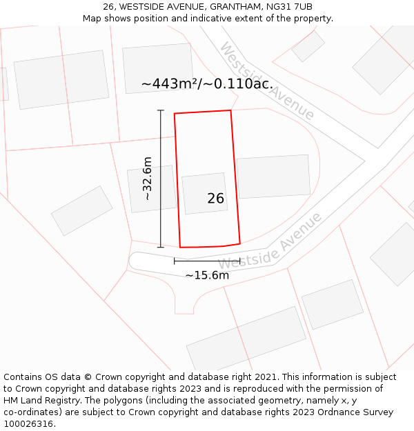 26, WESTSIDE AVENUE, GRANTHAM, NG31 7UB: Plot and title map