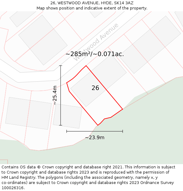 26, WESTWOOD AVENUE, HYDE, SK14 3AZ: Plot and title map