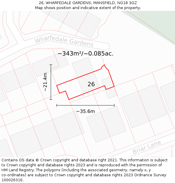 26, WHARFEDALE GARDENS, MANSFIELD, NG18 3GZ: Plot and title map