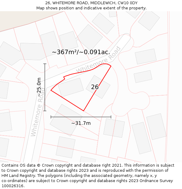 26, WHITEMORE ROAD, MIDDLEWICH, CW10 0DY: Plot and title map