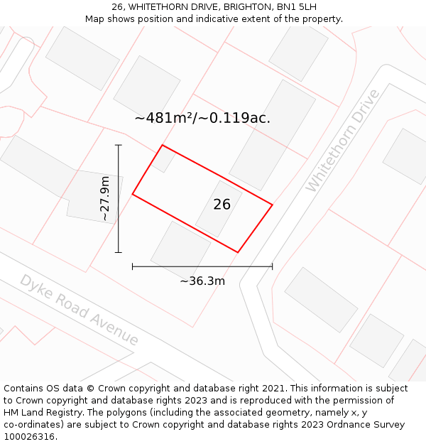 26, WHITETHORN DRIVE, BRIGHTON, BN1 5LH: Plot and title map