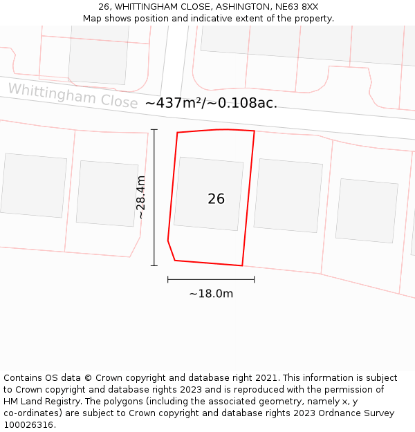 26, WHITTINGHAM CLOSE, ASHINGTON, NE63 8XX: Plot and title map