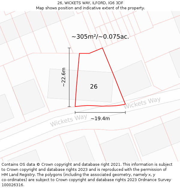 26, WICKETS WAY, ILFORD, IG6 3DF: Plot and title map