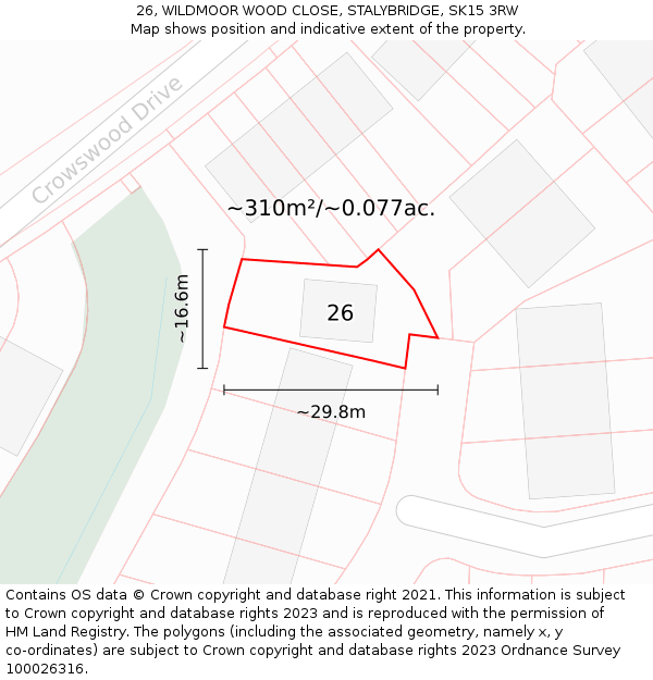 26, WILDMOOR WOOD CLOSE, STALYBRIDGE, SK15 3RW: Plot and title map