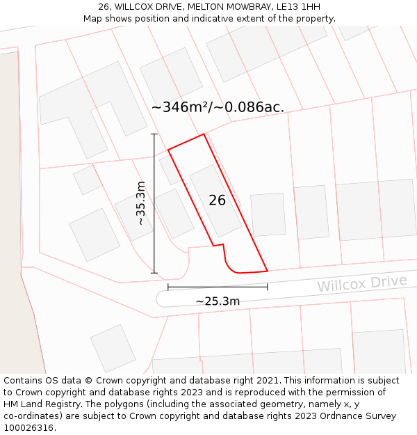 26, WILLCOX DRIVE, MELTON MOWBRAY, LE13 1HH: Plot and title map