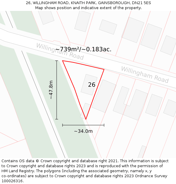 26, WILLINGHAM ROAD, KNAITH PARK, GAINSBOROUGH, DN21 5ES: Plot and title map