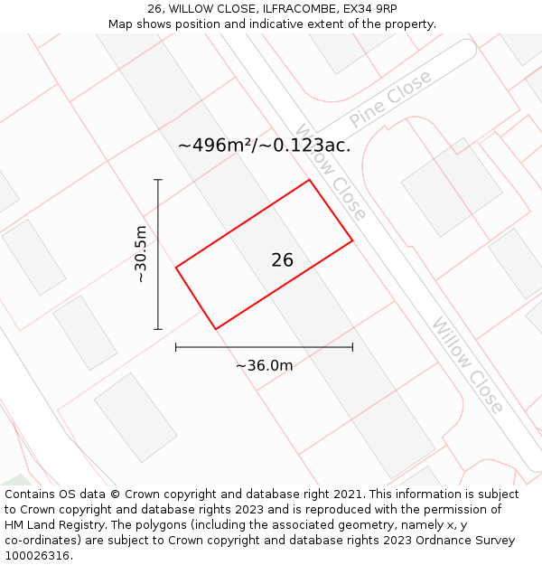 26, WILLOW CLOSE, ILFRACOMBE, EX34 9RP: Plot and title map