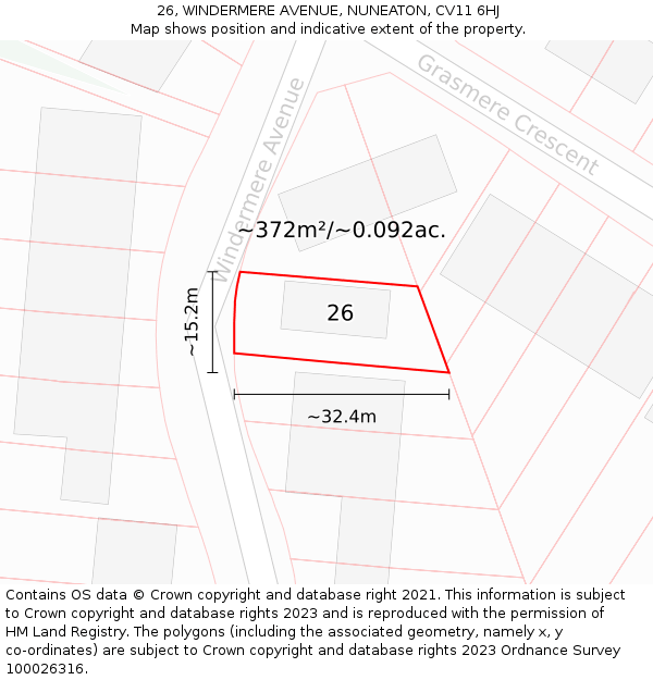 26, WINDERMERE AVENUE, NUNEATON, CV11 6HJ: Plot and title map