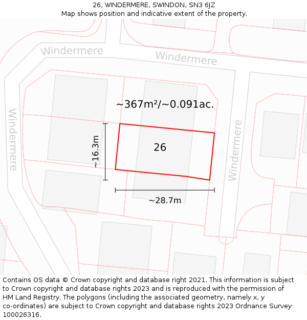 26, WINDERMERE, SWINDON, SN3 6JZ: Plot and title map