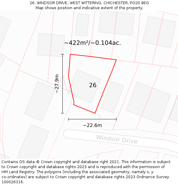 26, WINDSOR DRIVE, WEST WITTERING, CHICHESTER, PO20 8EG: Plot and title map